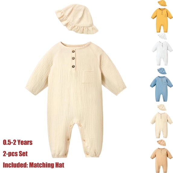 Teyfeniy 0.5-2T Toddlers Baby Rompers with Matching Hat 2 Piece Set Button Down Jumpsuits Long Sleeve Cute Comfy Casual Crew Neck Newborn Infant Outfit Set