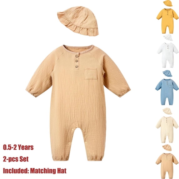 Teyfeniy 0.5-2T Toddlers Baby Rompers with Matching Hat 2 Piece Set Button Down Jumpsuits Long Sleeve Cute Comfy Casual Crew Neck Newborn Infant Outfit Set