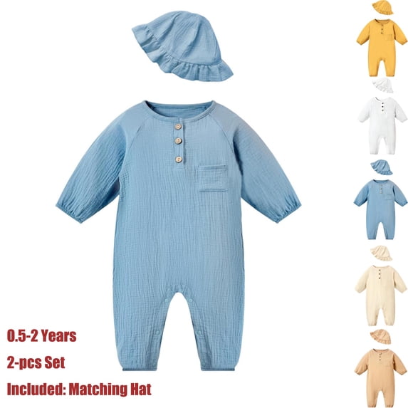 Teyfeniy 0.5-2T Toddlers Baby Rompers with Matching Hat 2 Piece Set Button Down Jumpsuits Long Sleeve Cute Comfy Casual Crew Neck Newborn Infant Outfit Set