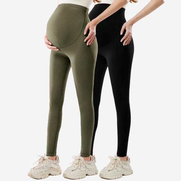 Teyfeniy 2 Pack Maternity Leggings for Women Stretchy Pregnancy Pants Comfy Slim Yoga Pajama Pants Over the Belly Supporting Lifting Soft Pants