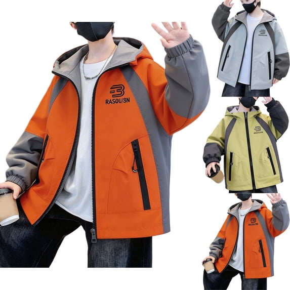 Teyfeniy 3-15T Rain Jackets for Boys Kids Windbreak Waterproof Hooded Zip up Color Block Loose Cardigan Fall Winter Casual Going out Activity Coat with Pockets