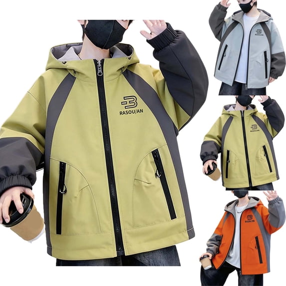 Teyfeniy 3-15T Rain Jackets for Boys Kids Windbreak Waterproof Hooded Zip up Color Block Loose Cardigan Fall Winter Casual Going out Activity Coat with Pockets