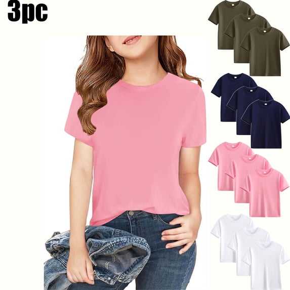 Teyfeniy 3 Pack Cotton T-Shirts for Toddlers Girls Short Sleeve Crew Neck Summer Casual Solid Pullover Tops