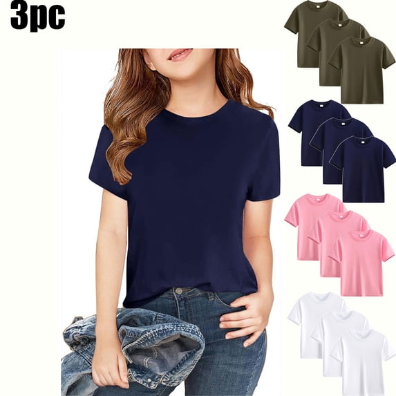 Teyfeniy 3 Pack Cotton T-Shirts for Toddlers Girls Short Sleeve Crew Neck Summer Casual Solid Pullover Tops