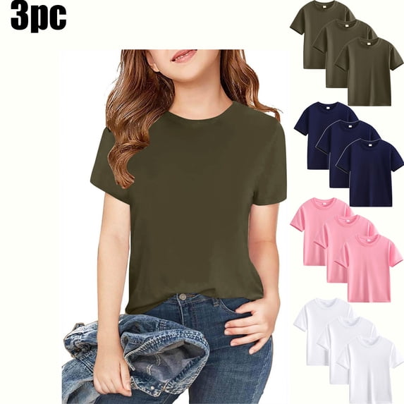 Teyfeniy 3 Pack Cotton T-Shirts for Toddlers Girls Short Sleeve Crew Neck Summer Casual Solid Pullover Tops