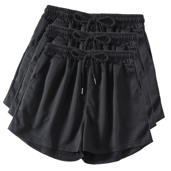 Teyfeniy Black 3Pack Womens Shorts Elastic Waist with Drawstring and Zipper Pockets Baggy Summer Sweat Shorts Solid Color Casual Workout Running Athletic Gym Activity Comfy Soft Fashion Shorts