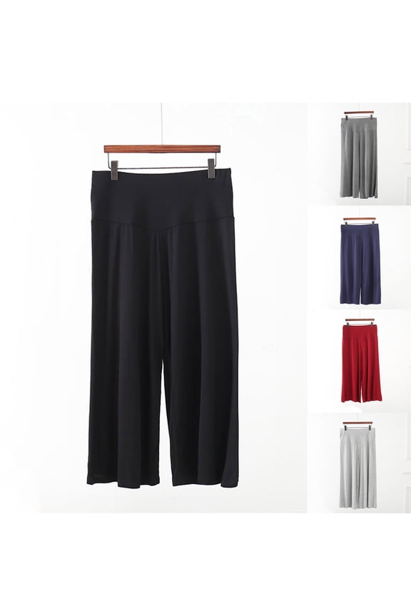 Black Cropped Wide Leg Gaucho Pants for Women Elastic Waist Baggy Flowy Straight Solid Color Loose Casual Thin Pants