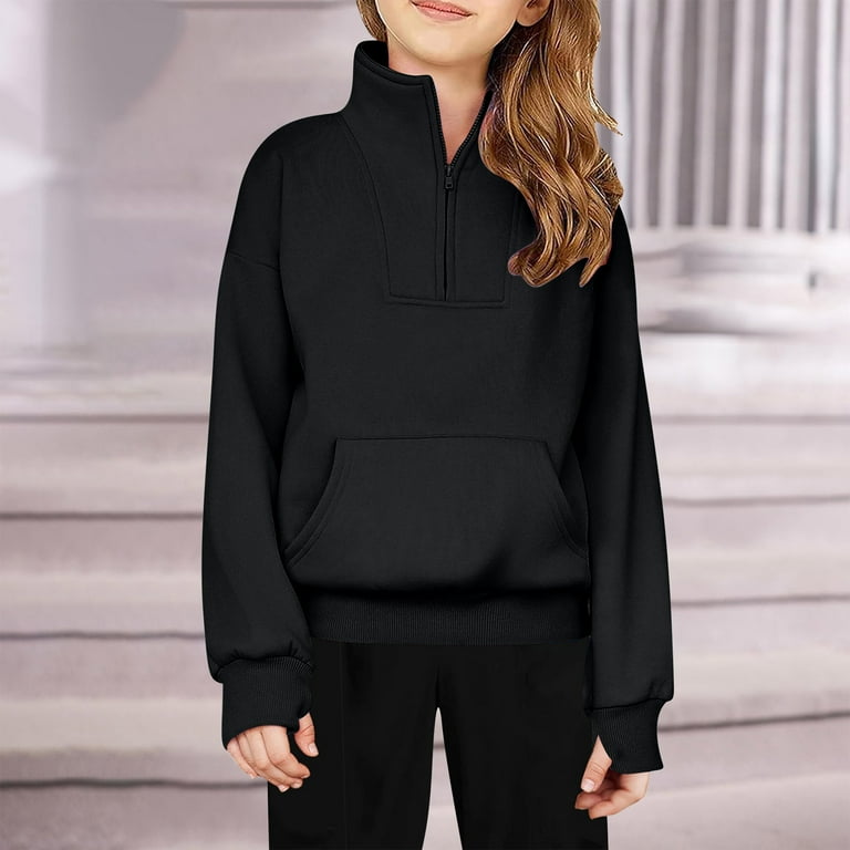 Teyfeniy Black Half Zipper Hoodies for Boy and Girls Solid Color