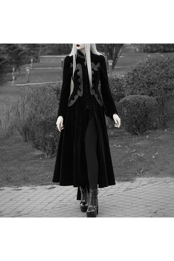 Black Long Jacket Dress for Women Gothic Zipper Medieval Stand Collar Solid Color Front Slit Long Dress Long Sleeve Party Costume Comfy Soft Fall Winter Long Coat Dress