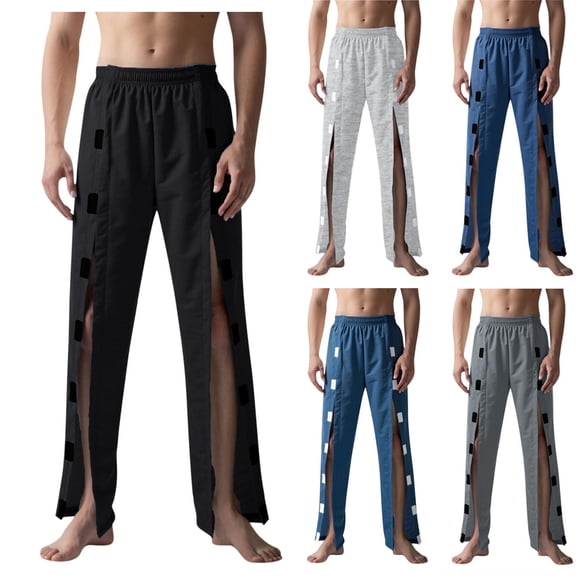 Teyfeniy Black Men's Tear Away Pants Breathable for Patients Front Open Sweatpants Loose Casual Pants with Pockets Breakaway Recovery Pants
