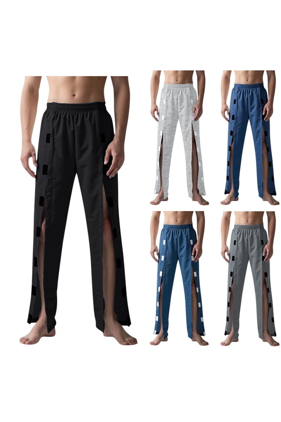 Black Men's Tear Away Pants Breathable for Patients Front Open Sweatpants Loose Casual Pants with Pockets Breakaway Recovery Pants