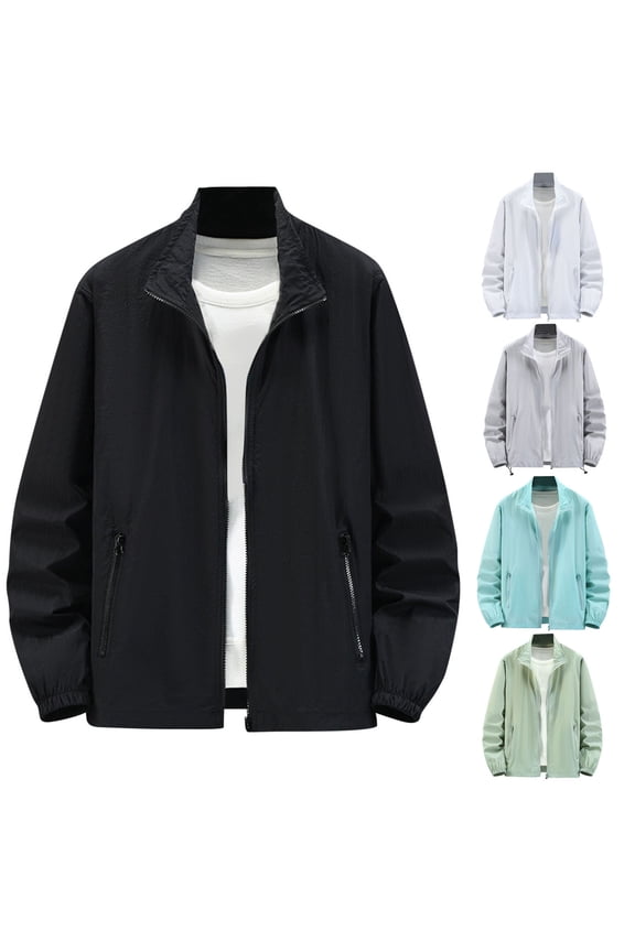 Black Men's Sun Protection Jacket for Solid Color Loose Athletic Jacket Long Sleeve Zipper Lightweight Casual Cozy for Hiking Running Golf Sports