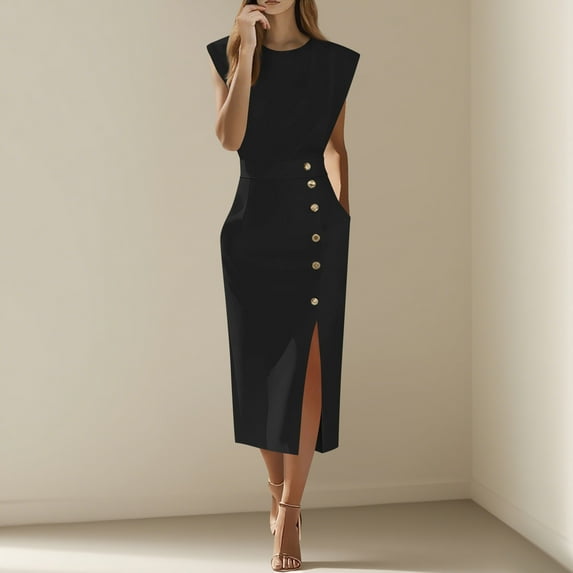 Teyfeniy Black Summer Work Dress for Women Crew Neck Fashion Modest Dress Going Out Sleeveless Business Office Casual Solid Color Outfit Midi Dress