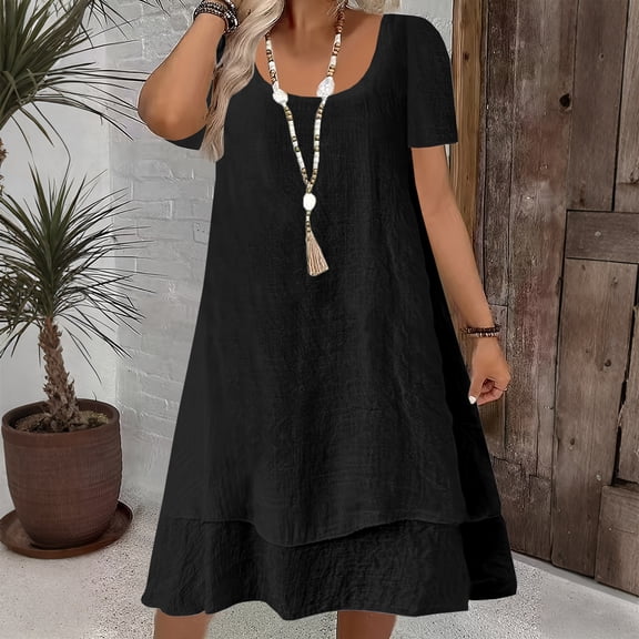 Teyfeniy Black Women Solid Color Dresses Summer Spring Crew Neck Short Sleeve Midi T Shirt Dress Going Out Loungerwear Holiday Vacation Outfit Comfy Loose Oversized Dresses
