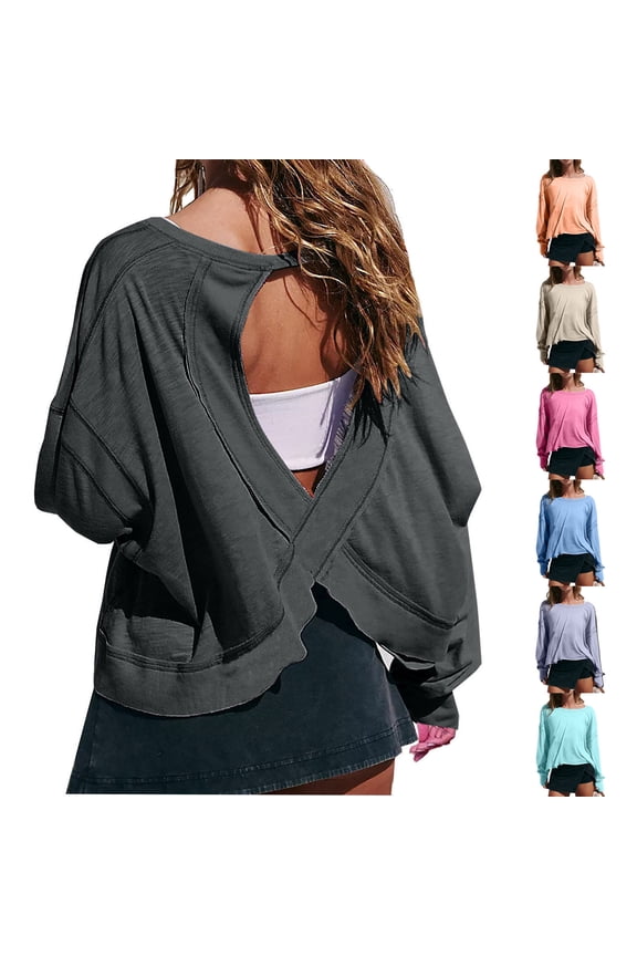 Black Women's Open Back Tops Athletic Shirts Long Sleeve Loose Workout Backless Tee Running Crop Yoga Top Gym Dance Blouses