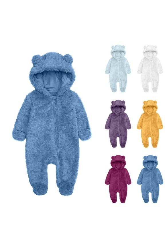 Blue Baby Fleece Footed Jumpsuit Hooded Newborn Footie Long Sleeve Cute Zipper Bear Ear Romper Fall Winter Fuzzy Bodysuit Toddler Solid Color Sleepwear Pajama for Infant, for 0-12M