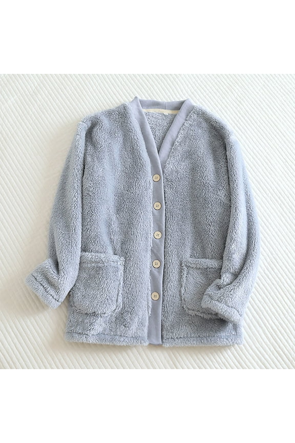 Blue Fleece Pajama Top for Women Fuzzy Bed Jacket Button Down Long Sleeve with Pocket Solid Colid Soft Loungewewar Warm Comfy Sleepwear Loose Sleeping Jacket Fashion Stylish Nightwear
