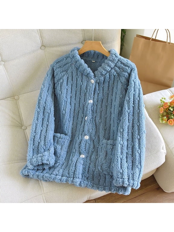Blue Fleece Pajama Top for Women Fuzzy Bed Jacket Button Down Long Sleeve with Pocket Solid Colid Soft Loungewewar Warm Comfy Sleepwear Loose Sleeping Jacket Fashion Stylish Nightwear
