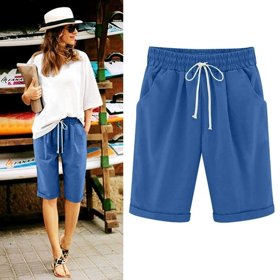 Teyfeniy Blue Summer Casual Shorts for Women Solid Color Elastic Waist with Drawstring and Pockets Fashion Soft Comfy Short Loungewear Outdoor Outfits