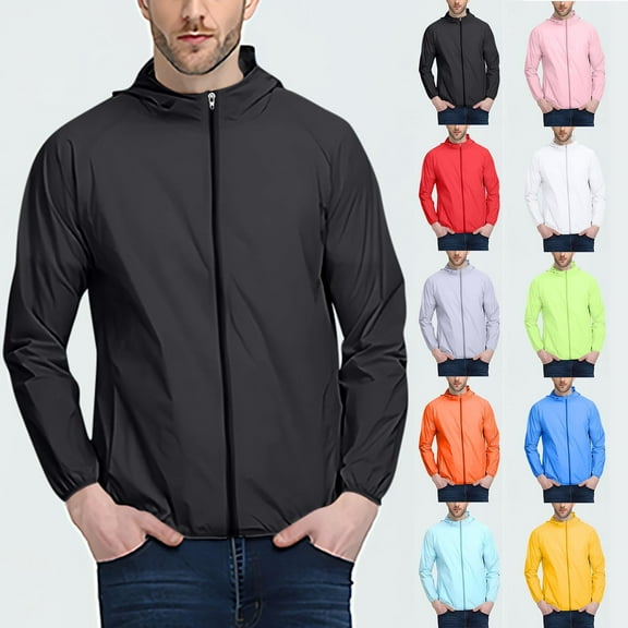 Teyfeniy Sun Protection Hooded Jacket for Men Solid Color Athletic Jacket Long Sleeve Zipper Lightweight Casual Cozy for Hiking Running Golf Sports