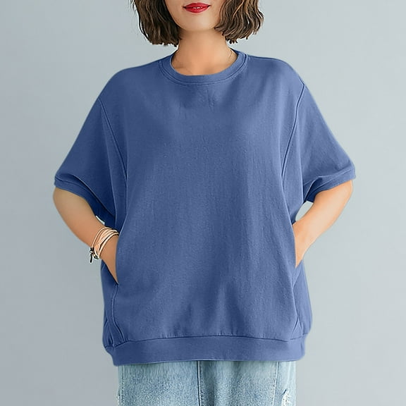 Teyfeniy Blue Women Oversized Tops Solid Color Shirts with Pockets Pullover Short Sleeve Summer Casual Crew Neck Holiday Vacation Lightweight Spring Outfit Comfy Soft Blouse Tops