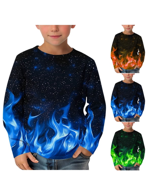 Boys Flame Print Shirts Long Sleeve Crew Neck Pullover Tops Lightweight Fashion Casual Fall Winter Comfy Soft T Shirt Blouses
