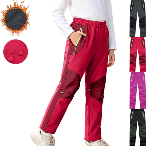 Teyfeniy Boys Girls Snow Pants Waterproof Fleece Lined Ski Pants Color Block Elastic Waist Winter Hiking Pants with Reinforced Knees and Reflective Stripes Pockets