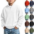 thumbnail image 1 of Teyfeniy Boys Girls Waffle Knit Jacket Zip up Solid Color Long Sleeve Outerwear Fashion Fall Winter Hoodless Casual Loose Coats for Kids Unisex, 1 of 10