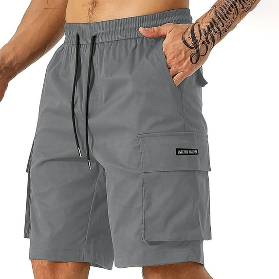 Teyfeniy Casual Cargo Shorts for Mens Elastic Waist with Drawstring Multi Pockets Stretchy Solid Color Hiking Work Travel Golf Camping Summer Comfy Fashion Stylish Shorts