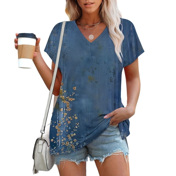 Teyfeniy Casual Tops for Women Summer Graphic Shirts Short Sleeve Pullover V Neck Spring Lightweight Loose Comfy Going Out Fashion Outfit Blouse Holiday Vacation Tops