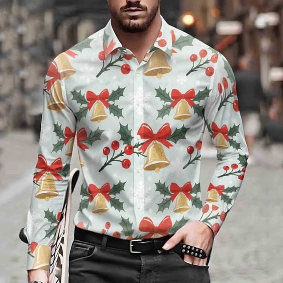Teyfeniy Christmas Fashion Pattern Shirts for Men Long Sleeve Lapel Button Down Cardigan Shirts Blouse Tops Stylish Shirts, Available In S to Xxxl