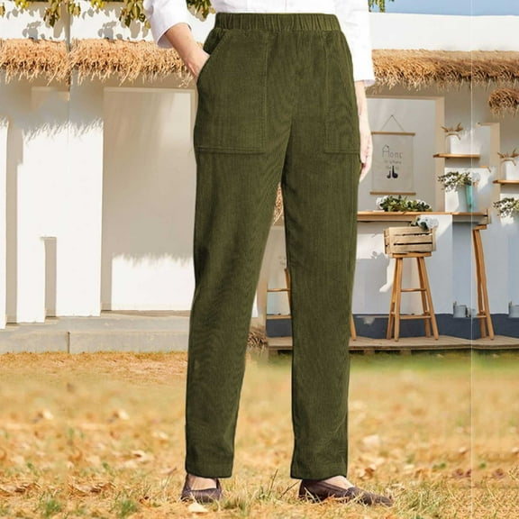 Teyfeniy Corduroy Pants for Women Elastic Waist Straight Leg with Pockets Solid Color Pants Soft Comfy Casual Pants
