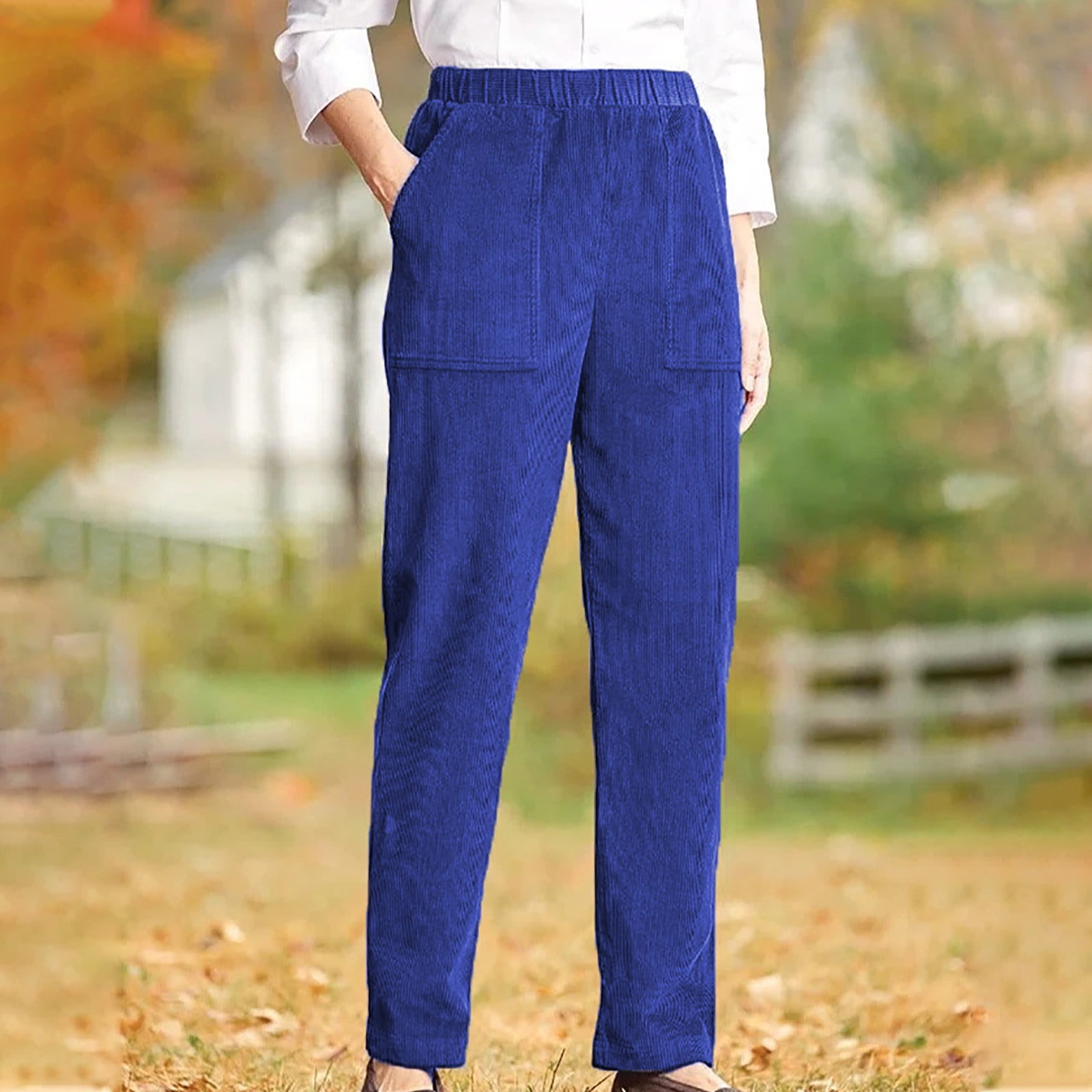 Teyfeniy Corduroy Pants for Women Elastic Waist Straight Leg with