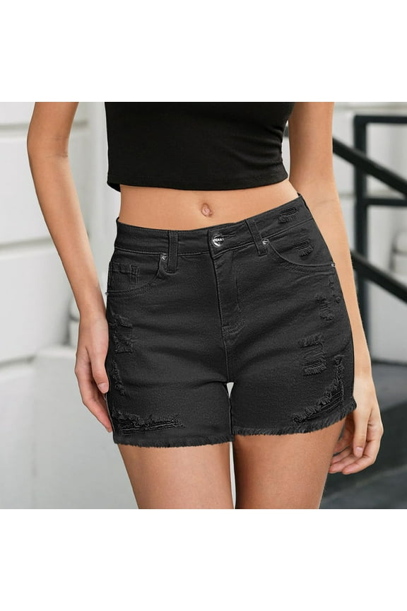 Denim Jean Shorts for Women Fashion Jorts with Button and Zipper Solid Color Slim Casual Comfy Soft Summer Ripped Tassel Shorts