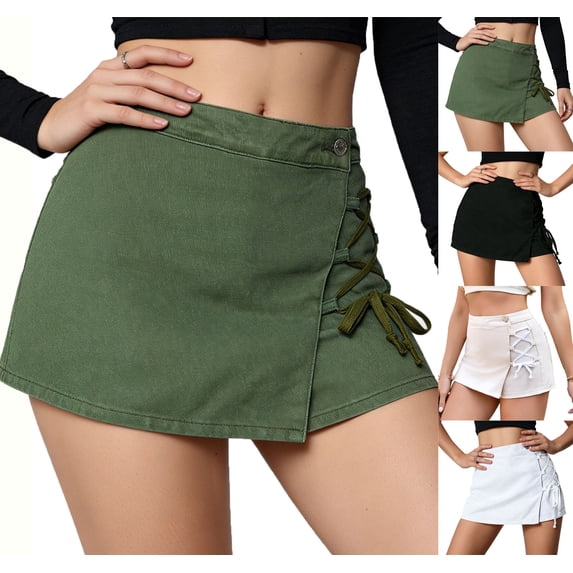 Teyfeniy Denim Shorts for Women Skirt with Underneath Side Tie Fashion Summer Casual Skorts