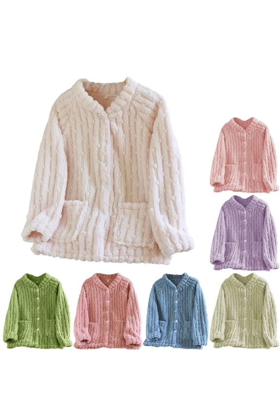 Fleece Pajama Top for Women Fuzzy Bed Jacket Button Down Long Sleeve with Pocket Solid Colid Soft Loungewewar Warm Comfy Sleepwear Loose Sleeping Jacket Fashion Stylish Nightwear