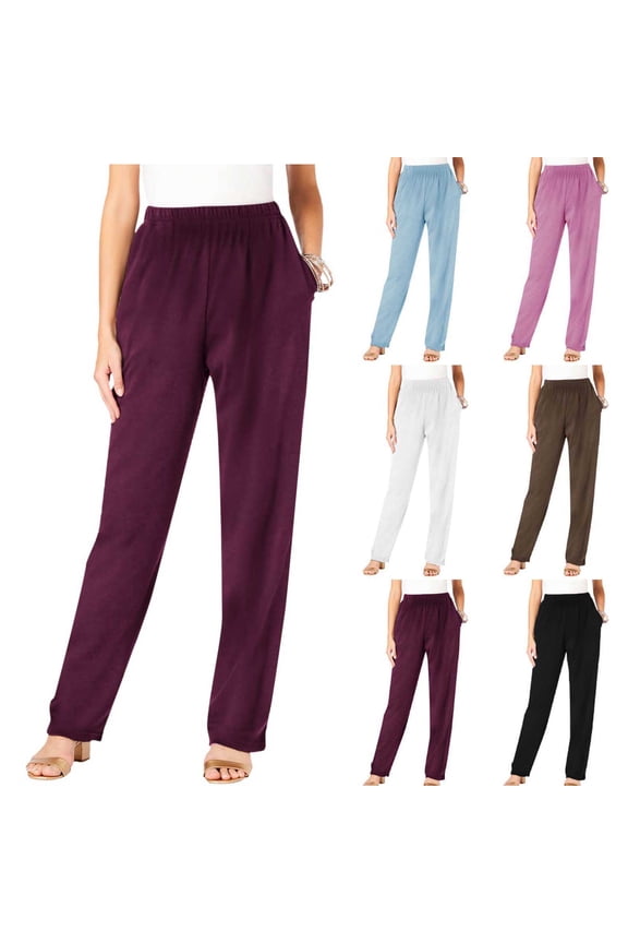 Fleece Pants for Women Elastic Waist Straight Leg with Pockets Solid Color Pants Soft Comfy Casual Warm Pants