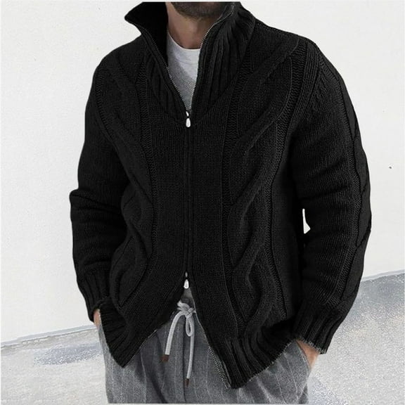 Teyfeniy Full Zipper Cardigan Sweater for Men Cable Knit Stand Collar Solid Color Long Sleeve Casual Knitwear Jackets