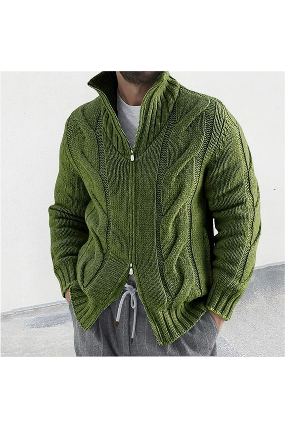 Full Zipper Cardigan Sweater for Men Cable Knit Stand Collar Solid Color Long Sleeve Casual Knitwear Jackets