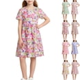 thumbnail image 1 of Teyfeniy Girls Floral Print Dresses Short Sleeve Crew Neck Midi Dress Flowy Pleated Lightweight Cotton Summer Going out Graphic Dress, for 5 to 47 Years, 1 of 6