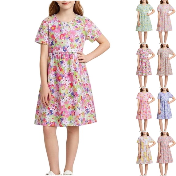 Teyfeniy Girls Floral Print Dresses Short Sleeve Crew Neck Midi Dress Flowy Pleated Lightweight Cotton Summer Going out Graphic Dress, for 5 to 47 Years