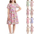 thumbnail image 1 of Teyfeniy Girls Floral Print Dresses Short Sleeve Crew Neck Midi Dress Flowy Pleated Lightweight Cotton Summer Going out Graphic Dress, for 5 to 15 Years, 1 of 6