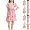 thumbnail image 1 of Teyfeniy Girls Floral Print Dresses Short Sleeve Crew Neck Midi Dress Flowy Pleated Lightweight Cotton Summer Going out Graphic Dress, for 5 to 15 Years, 1 of 6