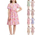 thumbnail image 1 of Teyfeniy Girls Floral Print Dresses Short Sleeve Crew Neck Midi Dress Flowy Pleated Lightweight Cotton Summer Going out Graphic Dress, for 5 to 54 Years, 1 of 6