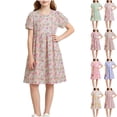 thumbnail image 1 of Teyfeniy Girls Floral Print Dresses Short Sleeve Crew Neck Midi Dress Flowy Pleated Lightweight Cotton Summer Going out Graphic Dress, for 5 to 62 Years, 1 of 6