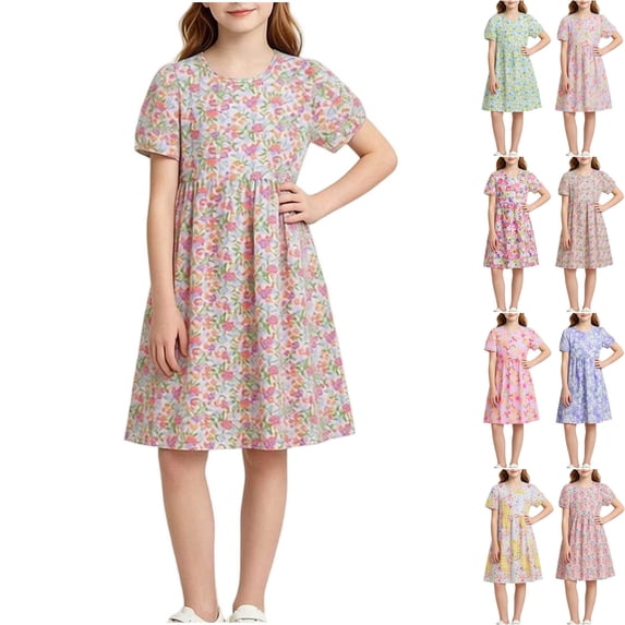 Teyfeniy Girls Floral Print Dresses Short Sleeve Crew Neck Midi Dress Flowy Pleated Lightweight Cotton Summer Going out Graphic Dress, for 5 to 62 Years