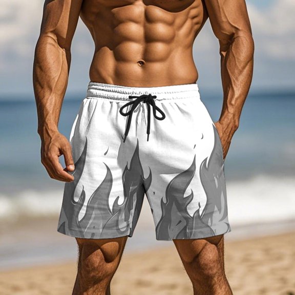 Teyfeniy Gray Fashion Shorts for Men Flame Graphic Summer Beach Elastic Waist with Drawstring and Pockets Casual Comfy Soft Loose Vacation Lightweight Short