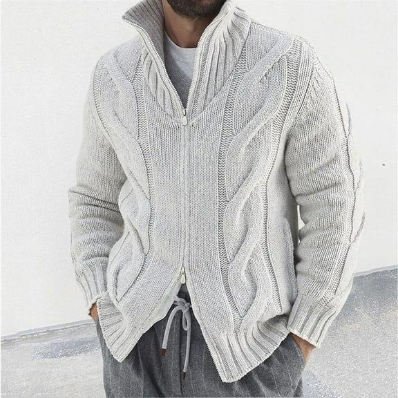 Teyfeniy Gray Full Zipper Cardigan Sweater for Men Cable Knit Stand Collar Solid Color Long Sleeve Casual Knitwear Jackets