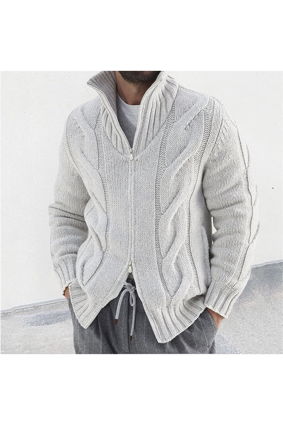 Gray Full Zipper Cardigan Sweater for Men Cable Knit Stand Collar Solid Color Long Sleeve Casual Knitwear Jackets