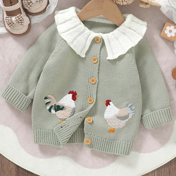 Teyfeniy Green Baby Lapel Knitted Jacket Cardigan Cute Chicken Embroidered Cable Knit Toddler Cardigan Long Sleeve Fall Winter Open Front Knit Sweaters